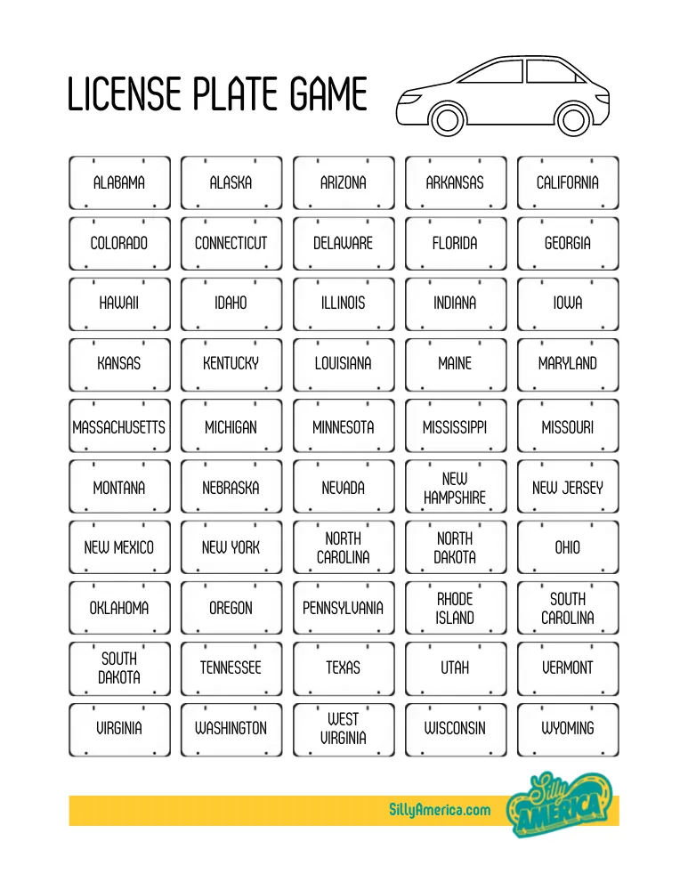 Free State License Plate Game Printable PDF - Visual Road Trip Game with Labeled State License Plates to Circle