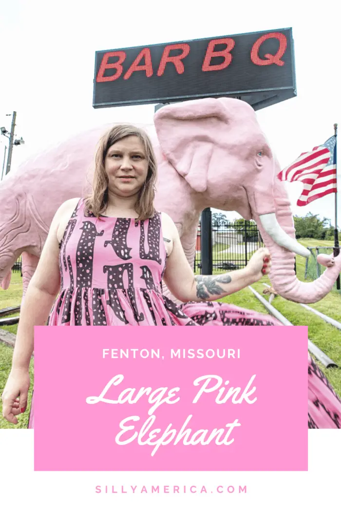 Photos of the big pink elephant outside of a gas station in Fenton, Missouri. These weird roadside attractions share a common theme in many locations in the US. Visit this vintage roadside attraction on a Missouri road trip and be sure to add it to your travel itinerary of things to do in Missouri and bucket lists. #MissouriRoadsideAttractions #MissouriRoadsideAttraction #RoadsideAttractions #RoadsideAttraction #RoadTrip #MissouriRoadTrip #MissouriTravelRoadTrip #WeirdRoadsideAttractions