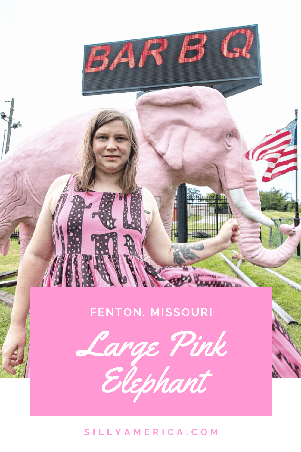 Photos of the big pink elephant outside of a gas station in Fenton, Missouri. These weird roadside attractions share a common theme in many locations in the US. Visit this vintage roadside attraction on a Missouri road trip and be sure to add it to your travel itinerary of things to do in Missouri and bucket lists. #MissouriRoadsideAttractions #MissouriRoadsideAttraction #RoadsideAttractions #RoadsideAttraction #RoadTrip #MissouriRoadTrip  #MissouriTravelRoadTrip #WeirdRoadsideAttractions
