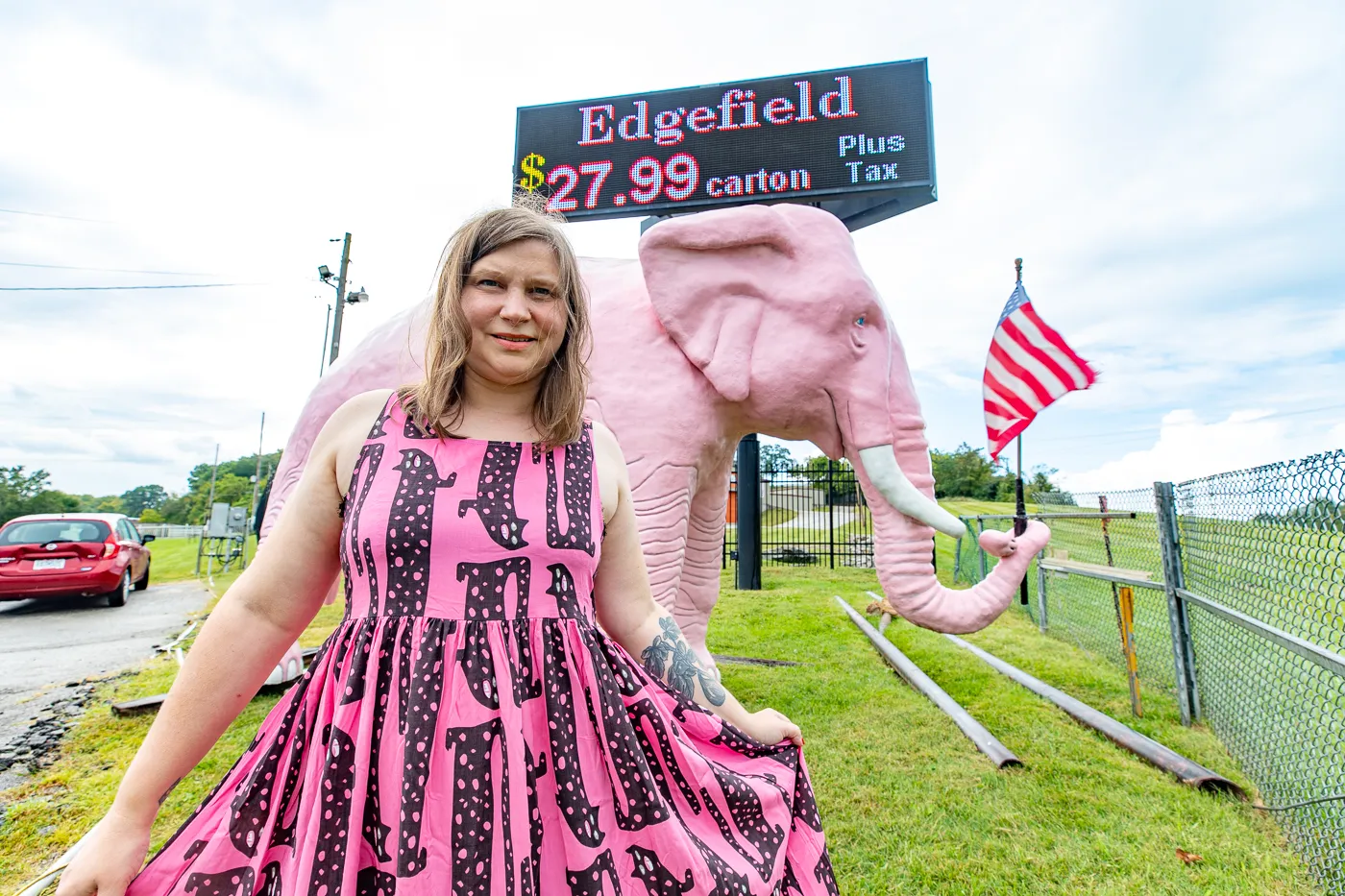 Big pink elephant gas station roadside attraction in Fenton, Missouri