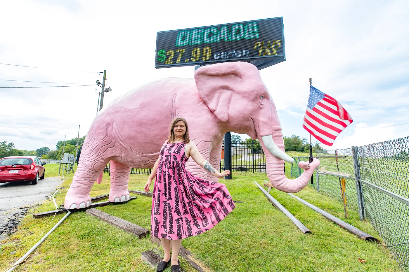 Big pink elephant gas station roadside attraction in Fenton, Missouri