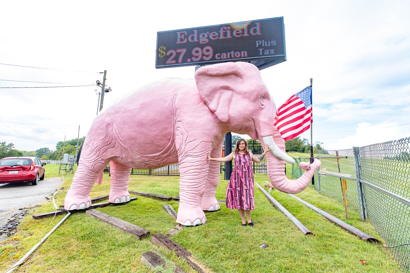 Big pink elephant gas station roadside attraction in Fenton, Missouri