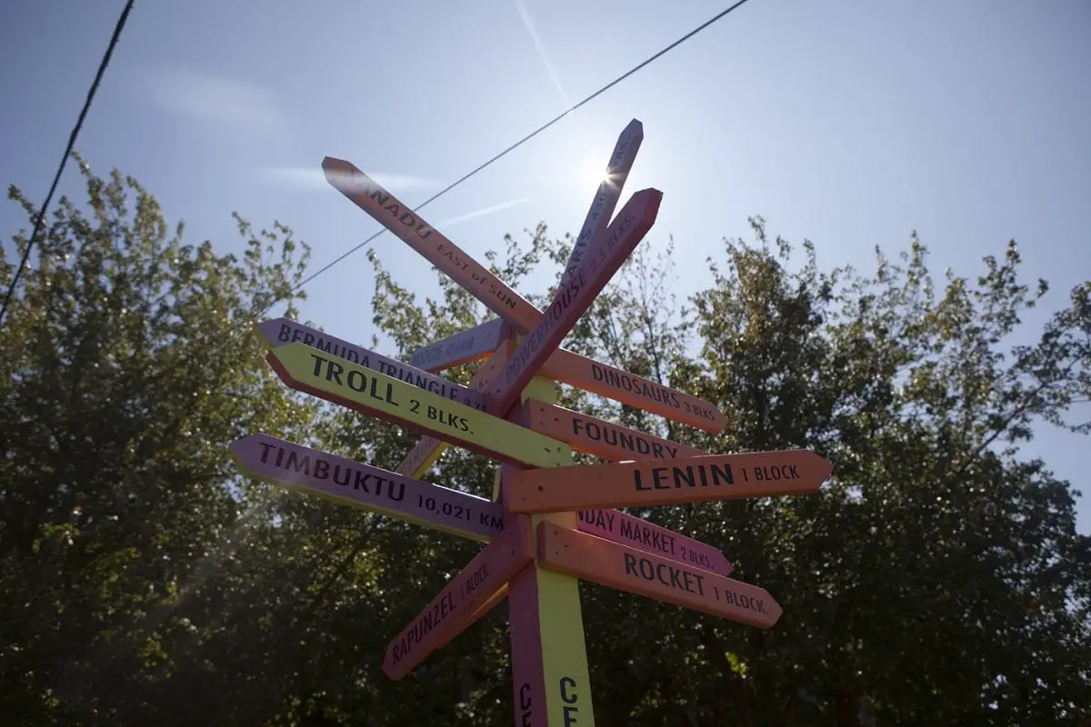 Guidepost in Fremont - the Center of the Universe - in Seattle, Washington.