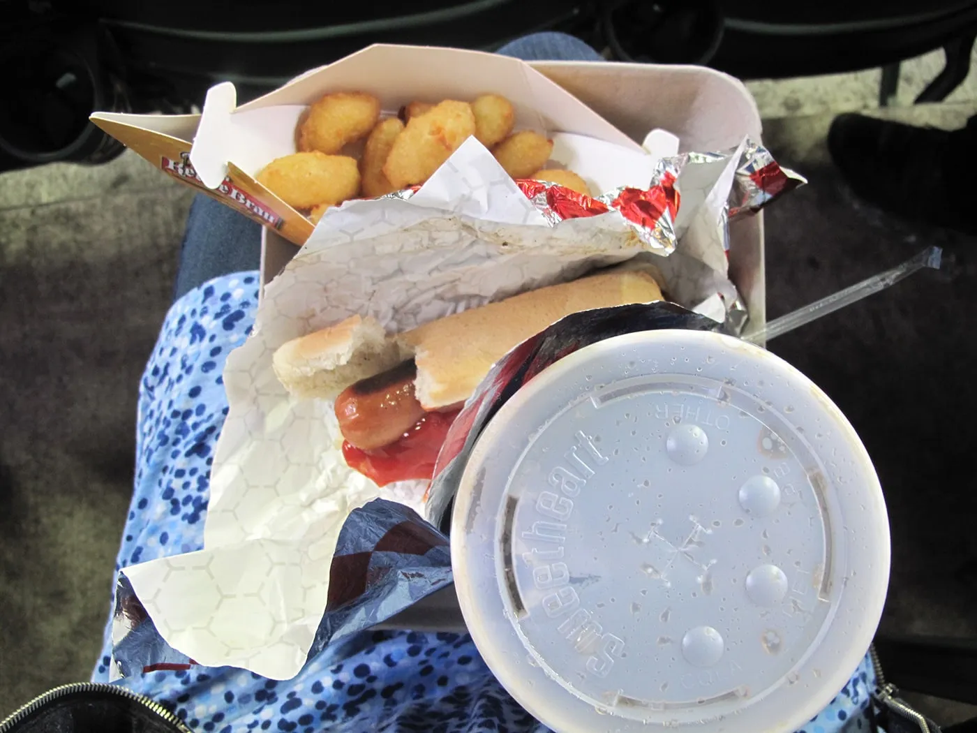 Hot dog and cheese curds at a Brewers game at Millers Park in Milwaukee.