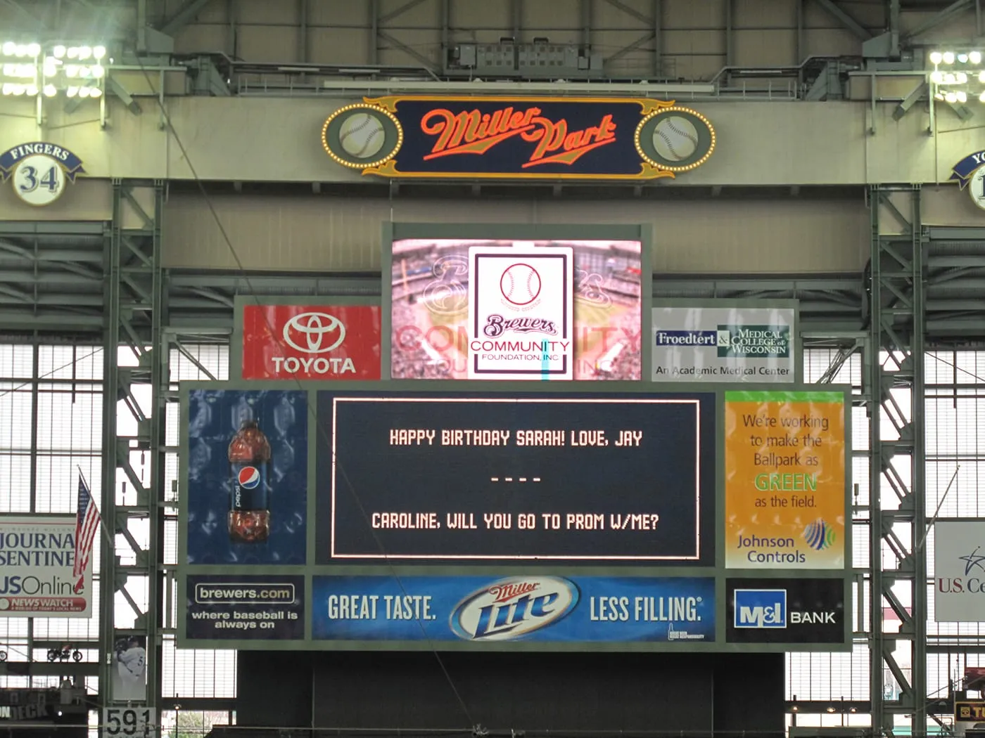 Promposal at a Brewers game at Millers Park in Milwaukee.