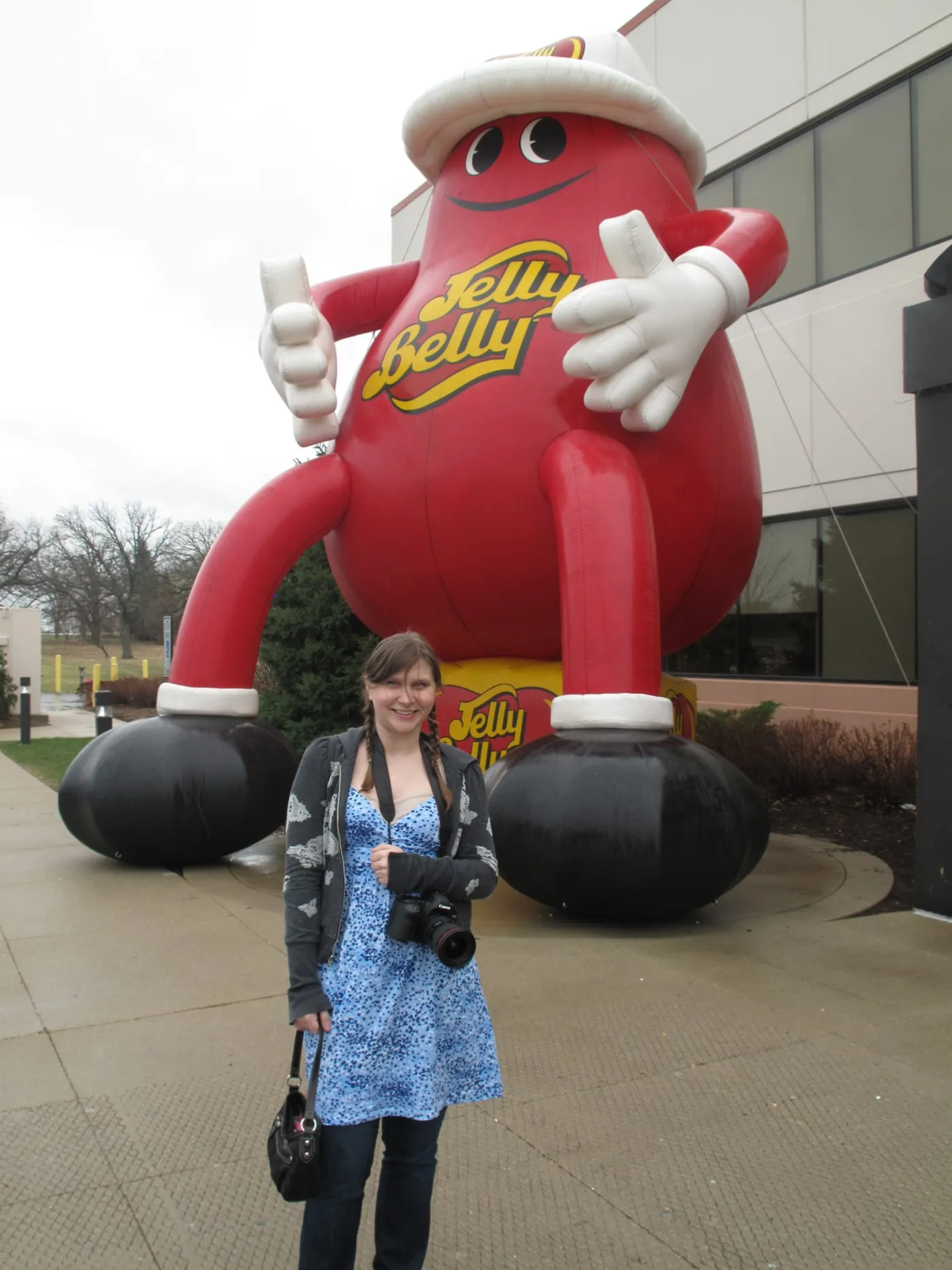 Val and the giant inflatable Jelly Belly at the Jelly Belly Tour in Pleasant Prairie, Wisconsin