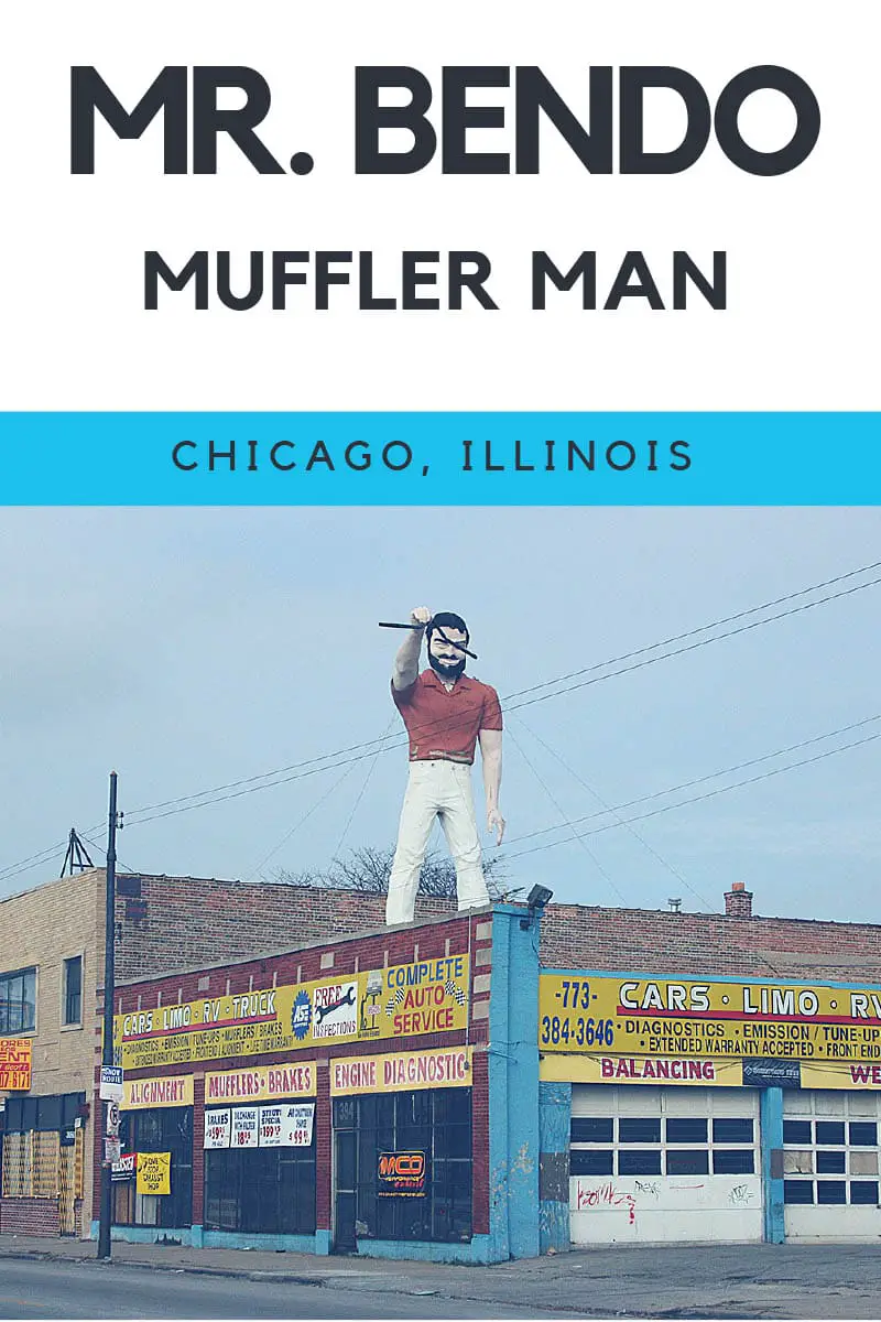 Mr. Bendo muffler man in Chicago, Illinois was a giant fiberglass man on top of Ced's Auto Body. This roadside attraction is now found in Georgia. Muffler men are weird roadside attractions that always make fun stops and photography opportunities on road trips. Add see a muffler man to your road trip bucket list!
#RoadsideAttraction #RoadsideAttractions #WeirdRoadsideAttractions #VintageRoadsideAttractions #RoadTripStops #RoadTrip #USARoadsideAttractions #AmericanRoadsideAttractions #USA