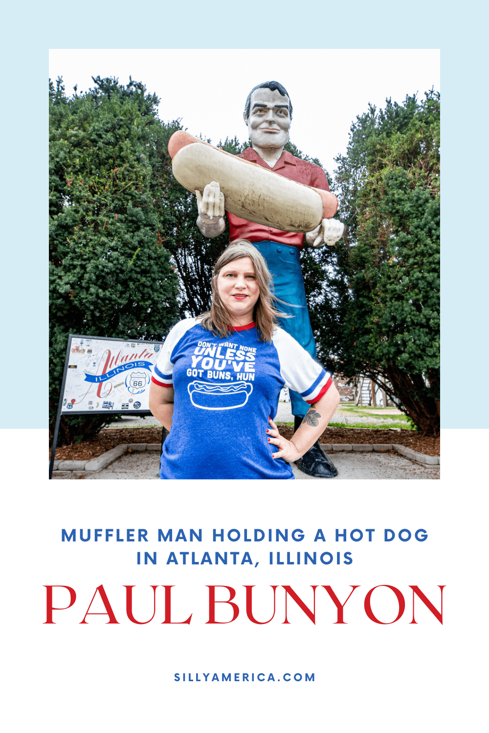 Photos of The Bunyon Giant - a 19-foot fiberglass Muffler Man holding a hot dog, a Paul Bunyan statue and Route 66 roadside attraction in Atlanta, Illinois. Visit this weird roadside attraction on an Illinois road trip and add it to your travel bucket list for your Route 66 adventure this summer.  #RoadTrips #RoadTripStop #Route66 #Route66RoadTrip #IllinoisRoute66 #Illinois #IllinoisRoadTrip #IllinoisRoadsideAttractions #RoadsideAttractions #RoadsideAttraction #RoadsideAmerica #RoadTrip