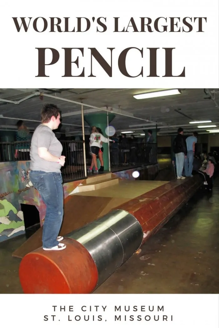 The World's Largest Pencil, a roadside attraction at the City Museum in St. Louis, Missouri. This giant #2 is the equivalent of 1,900,000 regular pencils. Visit this weird roadside attraction on a St. Louis vacation or Missouri road trip. The museum is a fun road trip stop for kids or adults. #RoadsideAttraction #RoadsideAttractions #CityMuseum #RoadTrip #StLouis #StLouisMissouri #Missouri