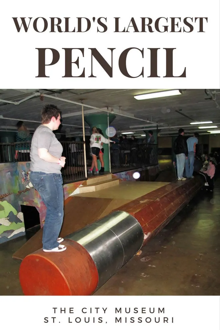The World's Largest Pencil, a roadside attraction at the City Museum in St. Louis, Missouri. This giant #2 is the equivalent of 1,900,000 regular pencils. Visit this weird roadside attraction on a St. Louis vacation or Missouri road trip. The museum is a fun road trip stop for kids or adults.
#MissouriRoadsideAttractions #MissouriRoadsideAttraction #RoadsideAttractions #RoadsideAttraction #RoadTrip #MissouriRoadTrip #PlacestoVisitinMissouri #MissouriRoadTripIdeas #MissouriTravelRoadTrip