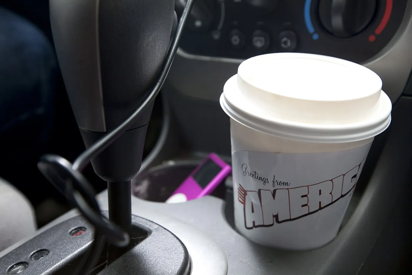 Coffee in my car on a road trip.