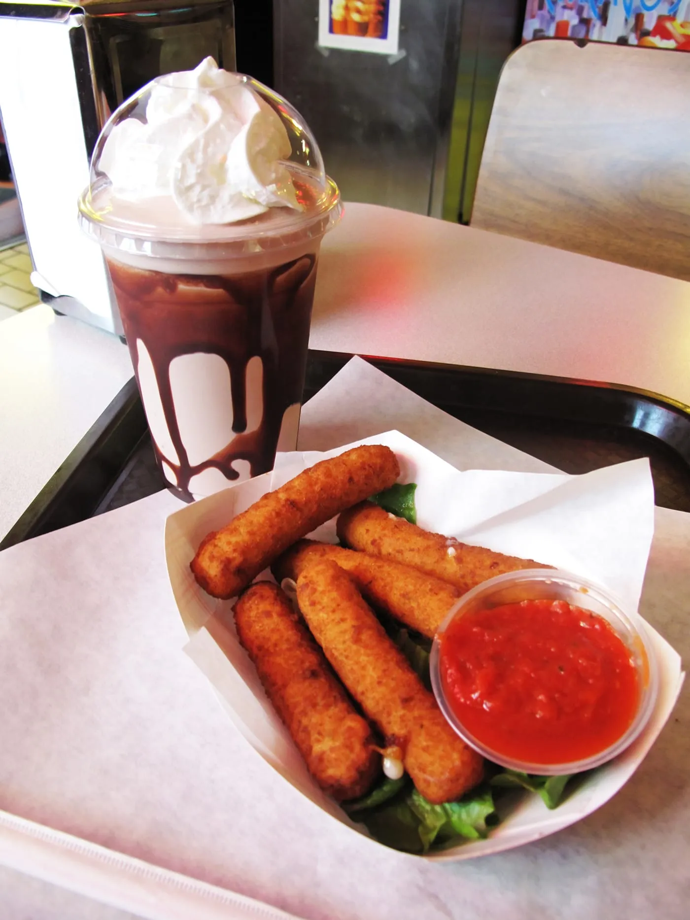 Cheese sticks and a milkshake at the Bunny Hutch at Novelty Golf in Lincolnwood, Illinois.