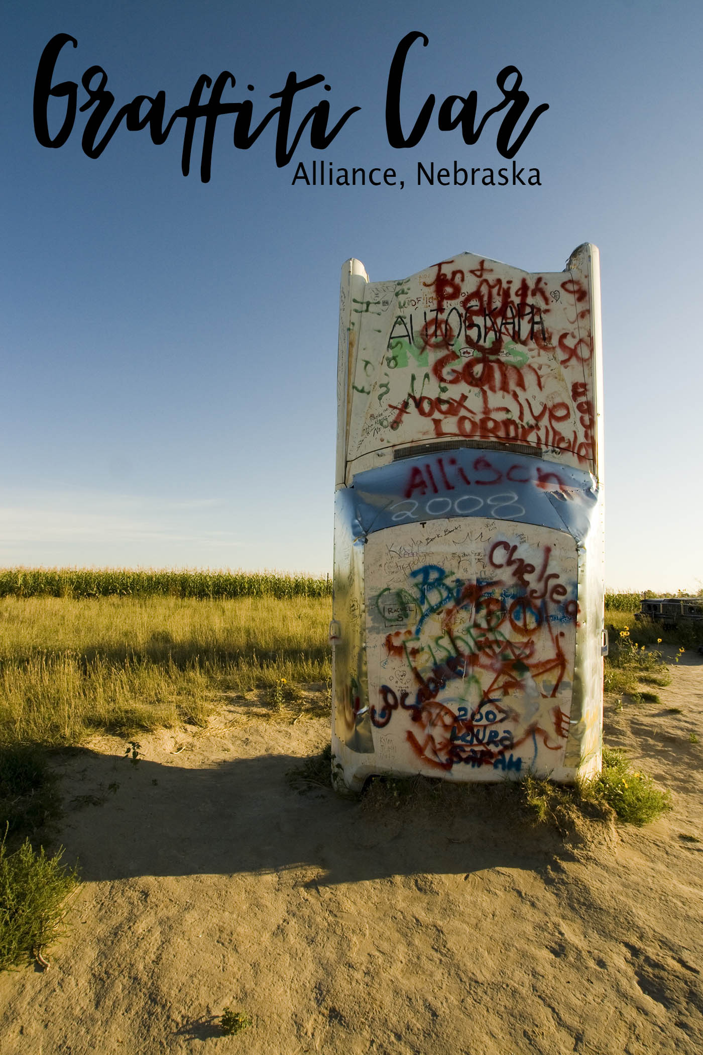 Graffiti car at Carhenge roadside attraction in Alliance, Nebraska