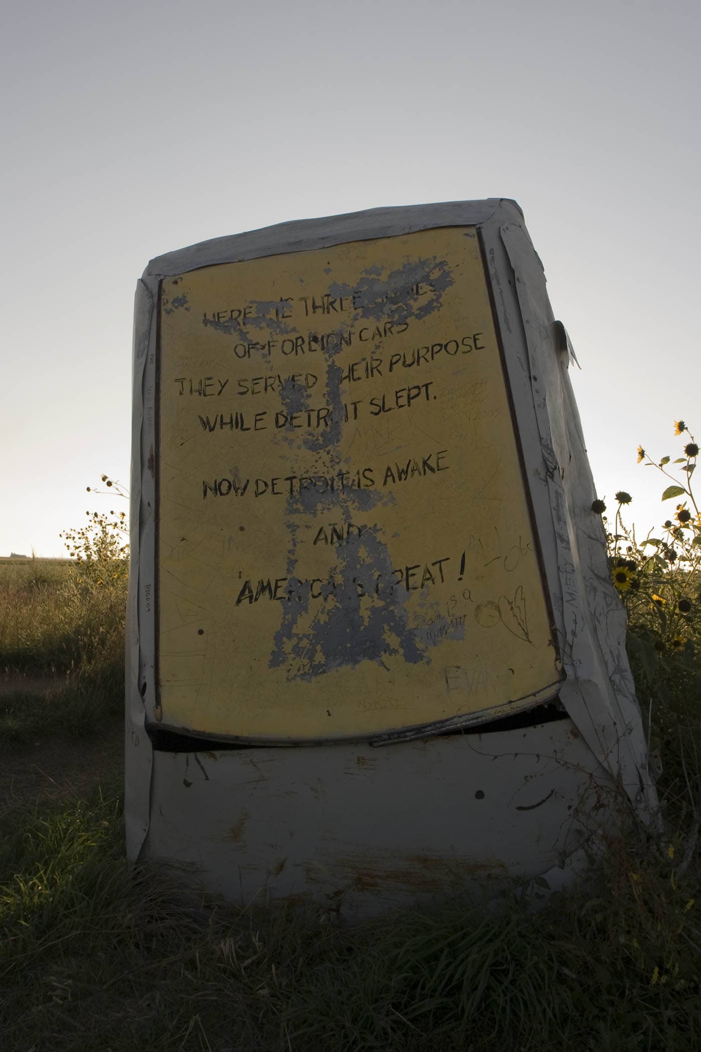 Detroit is awake artwork at Carhenge in Alliance, Nebraska