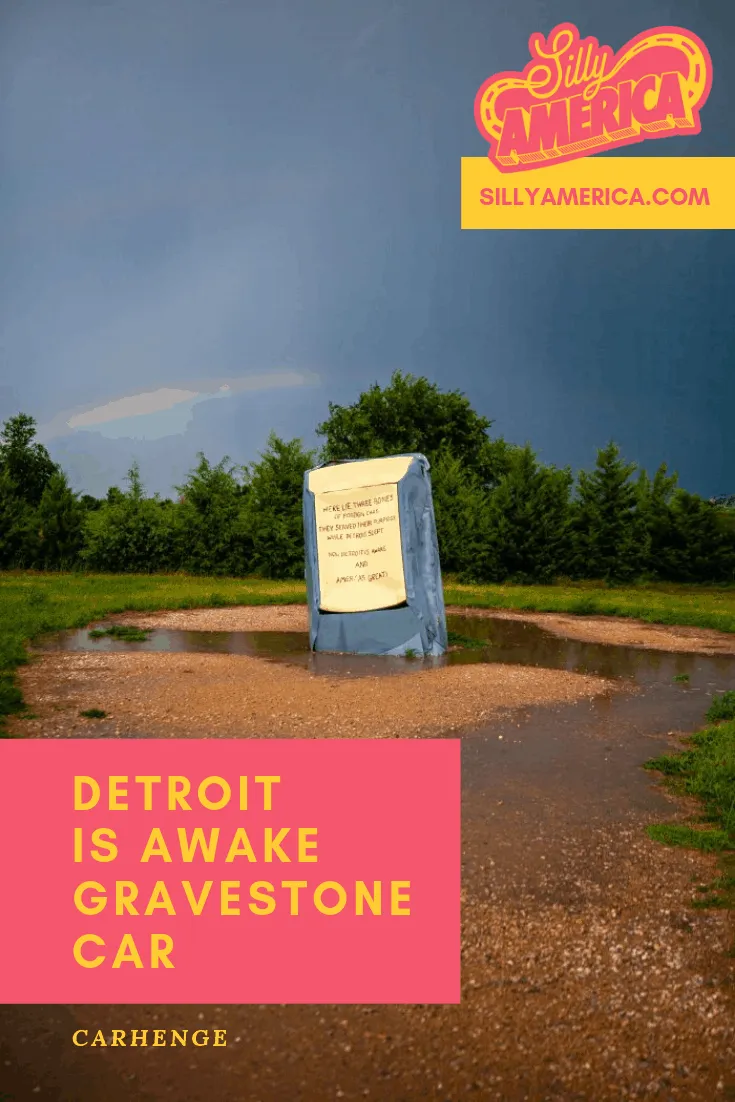 Detroit is Awake gravestone car at Carhenge Roadside Attraction in Alliance, Nebraska