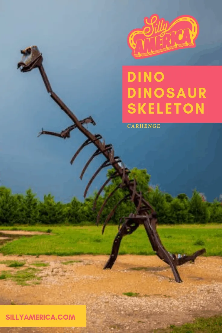 Dino dinosaur skeleton sculpture at Carhenge Roadside Attraction in Alliance, Nebraska