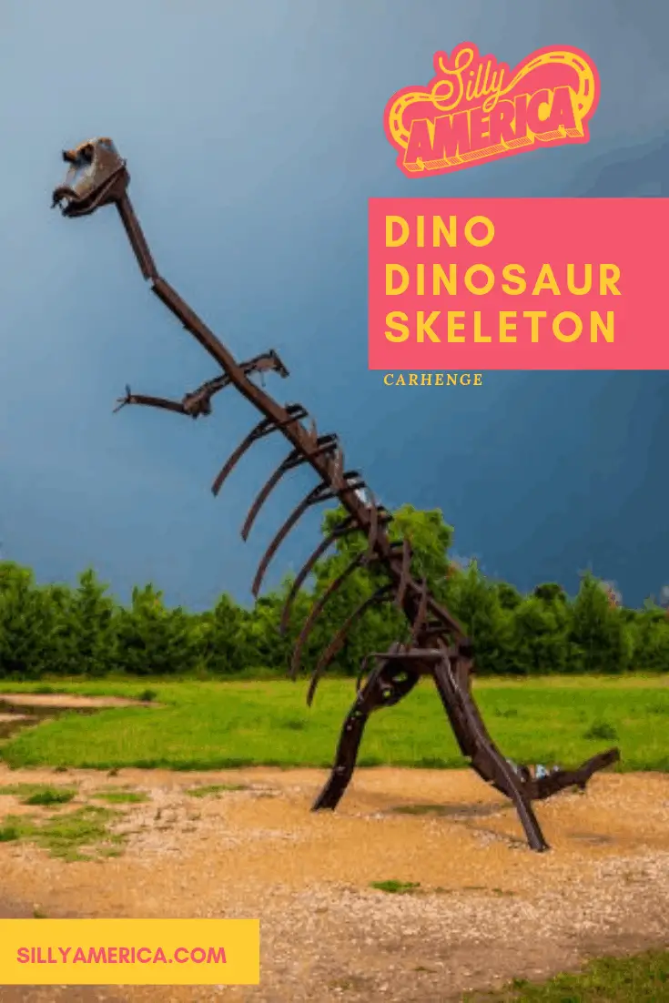 Dino dinosaur skeleton sculpture at Carhenge Roadside Attraction in Alliance, Nebraska