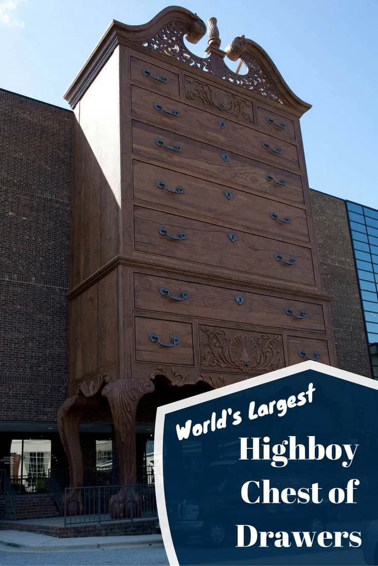 Not too far from the world's largest chest of drawers is...another giant chest: the World's Largest Highboy Chest in Jamestown, North Carolina. Visit this weird roadside attraction on a North Carolina road trip. It's a top 10 travel destination and place to visit for kids or adults on a NC vacation.
#NorthCarolinaRoadsideAttractions #NorthCarolinaRoadsideAttraction #RoadsideAttractions #RoadsideAttraction #RoadTrip #NorthCarolinaRoadTrip #WeirdRoadsideAttractions #RoadTripStops
