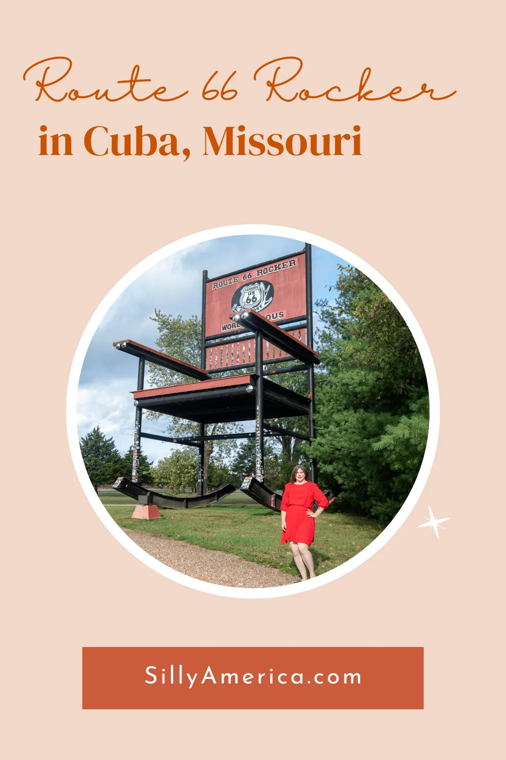 Whoever came up with this Missouri roadside attraction must have been off their rocker! In 2008, the World’s Largest Rocking Chair was erected on historic Route 66 outside the Fanning Outpost General Store in Cuba, Missouri. It is now known as the Route 66 Rocker — and this big chair still rocks! #RoadTrips #RoadTripStop #Route66 #Route66RoadTrip #MissouriRoute66 #Missouri #MissouriRoadTrip #MissouriRoadsideAttractions #RoadsideAttractions #RoadsideAttraction #RoadsideAmerica #RoadTrip