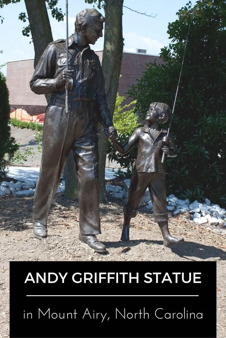 Mayberry Andy Griffith statue at the Andy Griffith Museum in Mount Airy, North Carolina shows TV Characters Andy Taylor (Griffith) and Opie (Ron Howard). Visit this weird roadside attraction on your summer road trip through North Carolina and be sure to add the whole town tow your travel bucket list and road trip itinerary.
#RoadsideAttraction #RoadTrip #NorthCarolinaRoadTrip #NorthCarolinaRoadTripBucketLists #NorthCarolinaBucketList #NorthCarolinaRoadTripWithKids #WeirdRoadsideAttractions