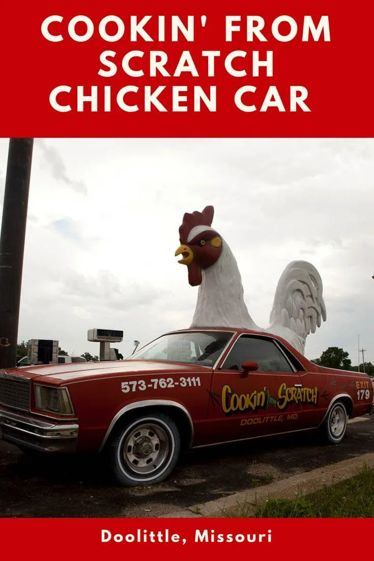 The Cookin' From Scratch chicken car is a bright red El Camino delivery vehicle/roadside attraction with a giant rooster cock-a-doodle-doodling on top. This weird roadside attractions lives outside of a Missouri restaurant and is a fun stop on a road trip of things to do in the U.S. state.
#MissouriRoadsideAttractions #MissouriRoadsideAttraction #RoadsideAttractions #RoadsideAttraction #RoadTrip #MissouriRoadTrip #PlacestoVisitinMissouri #WeirdRoadsideAttractions #RoadTripStops