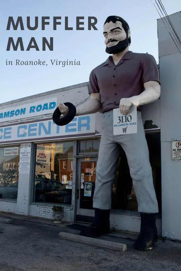 This Bunyan Muffler Man in Roanoke, Virginia wears a red shirt and carries a tire. The roadside attraction stands outside Williamson Road Service Center. Visit this weird roadside attraction on a Virginia road trip and add it to your travel bucket list of places to visit in Virginia.
#VirginiaRoadsideAttractions #VirginiaRoadsideAttraction #RoadsideAttractions #RoadsideAttraction #RoadTrip #VirginiaRoadTrip #VirginiaBucketList #VirginiaRoadTripIdeas
#WeirdRoadsideAttractions #RoadTripStops