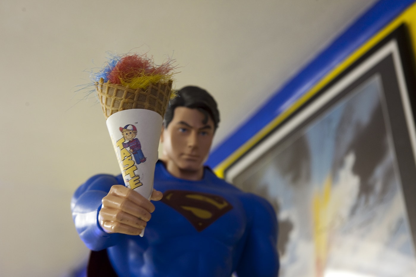 Superman statue holding ice cream cone. SuperTAM on 66 - Superman Memorabilia & Ice Cream in Carterville, Missouri