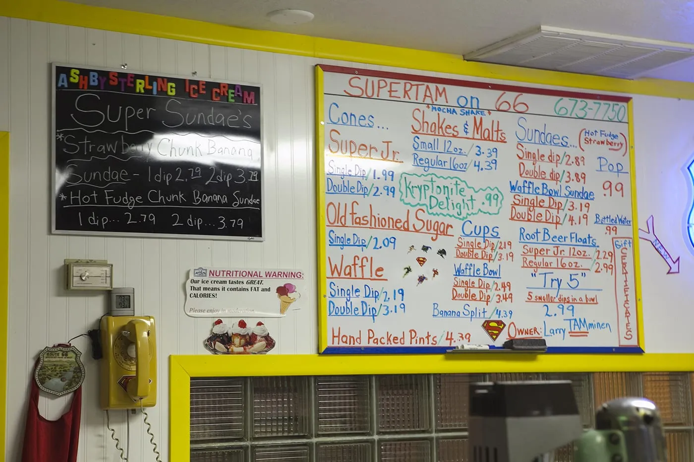 Menu board at SuperTAM on 66 - Superman Memorabilia & Ice Cream in Carterville, Missouri