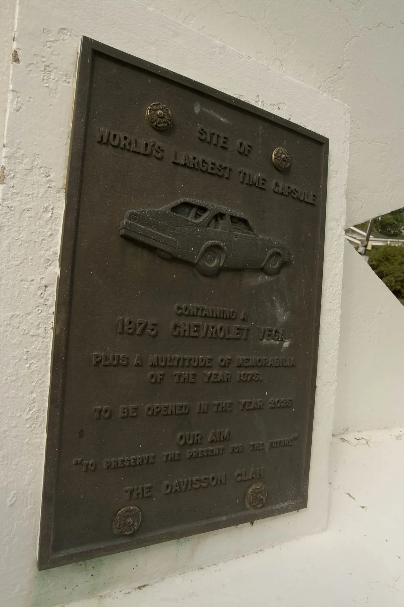 World’s Largest Time Capsule in Seward, Nebraska - Site of World’s Largest Time Capsule containing a 1975 Chevrolet Vega plus a multitude of memorabilia of the year 1975. To be opened in the year 2025. Our aim "to preserve the present for the future." The Davisson Clan.