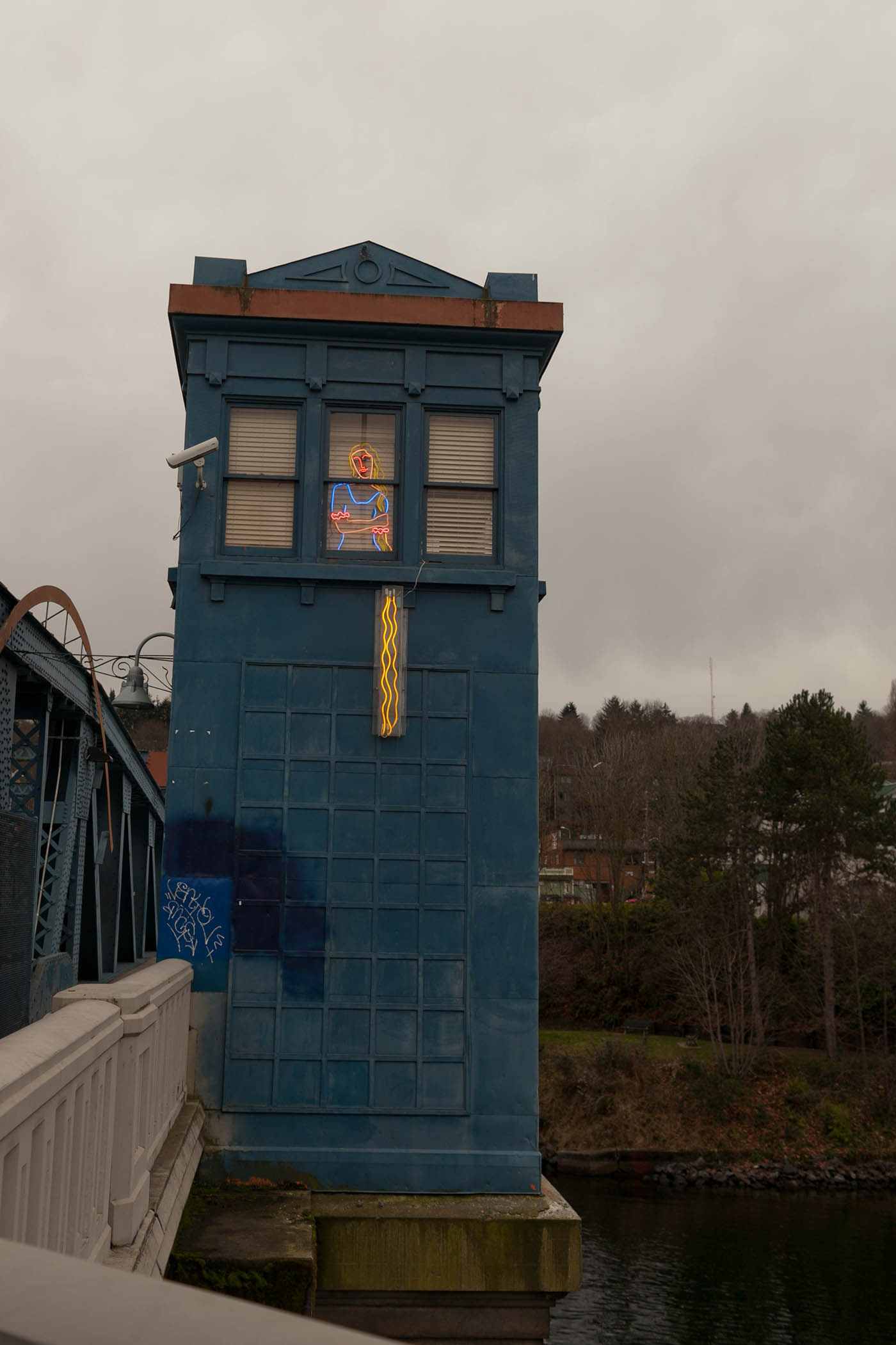 Bridgetender Rapunzel in Neon on Fremont Bridge in Seattle, Washington