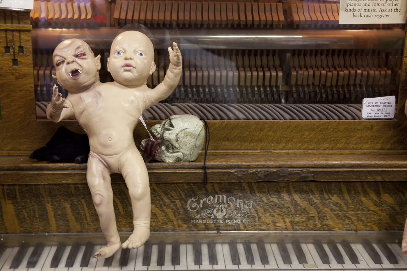 Two headed baby on a piano at Ye Olde Curiosity Shoppe in Seattle, Washington
