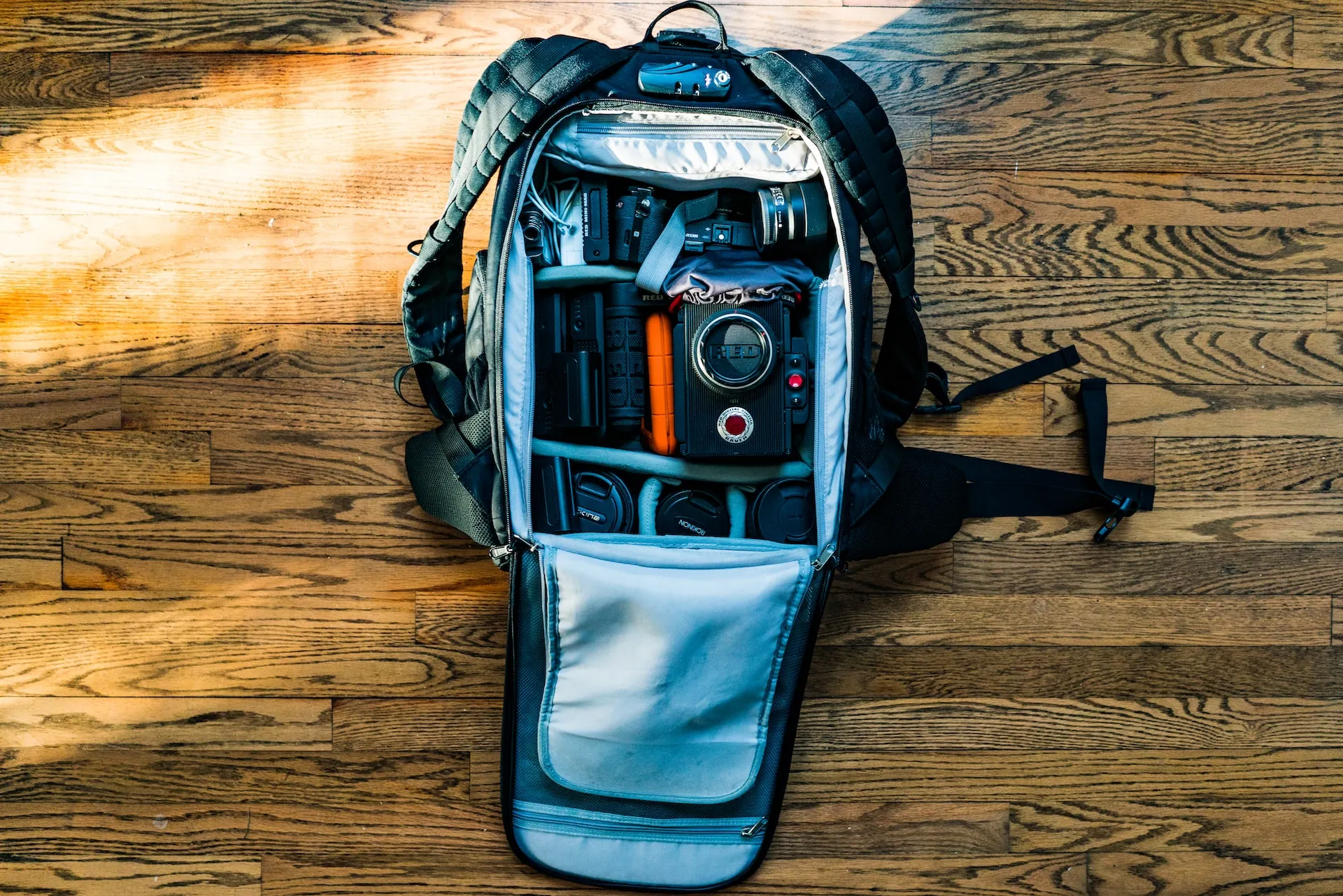 Road Trip Camera Bag full of camera equipment.