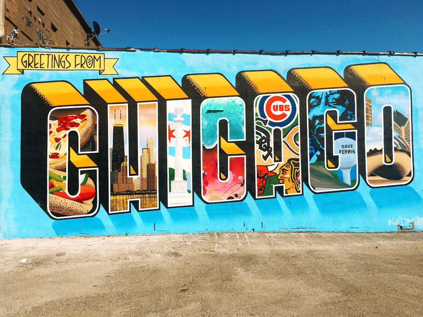 Greetings From Chicago Mural in Logan Square, Chicago. This Chicago wall mural was painted in May 2015 as part of The Greetings From Tour: a travel and art project by Victor Ving (a former graffiti artist from New York City) and photographer Lisa Beggs.