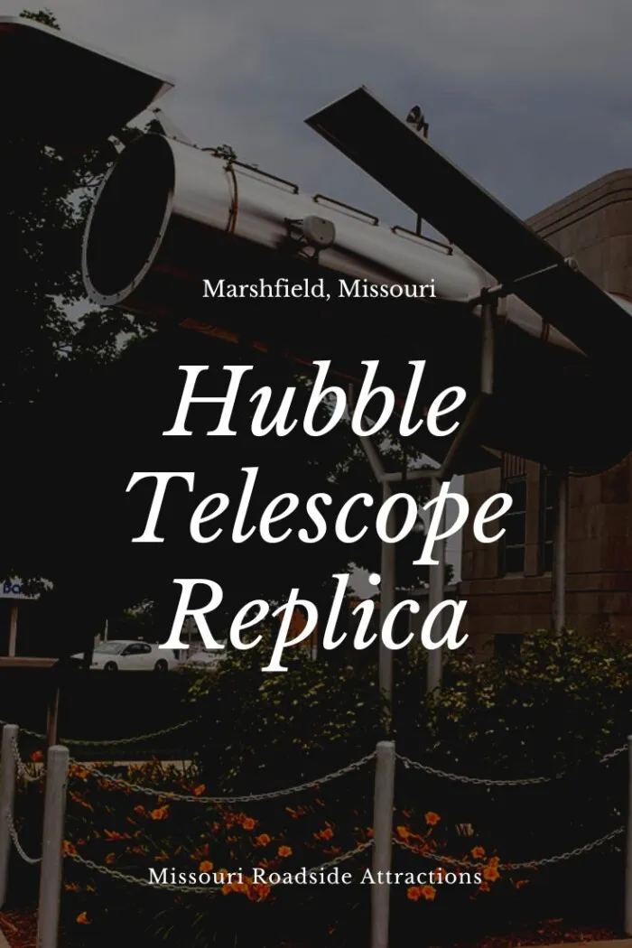 The Hubble Space Telescope is one of the largest space telescopes ever launched by NASA. The Hubble Telescope Replica in Marshfield, Missouri is 1/4 the size of the real thing. To honor the legacy of American astronomer Edwin Powell Hubble this 1,200 pound, scale model of the Hubble Space Telescope was erected in front of the local courthouse and dedicated in his memory on July 4, 1994. #RoadsideAttraction #RoadsieAttractions #RoadTrip #MissouriRoadsideAttraction #MissouriRoadTrip