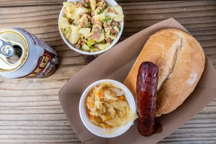 Sausage and potato salad at Gene's Sausage Shop in Lincoln Square, Chicago, Illinois.