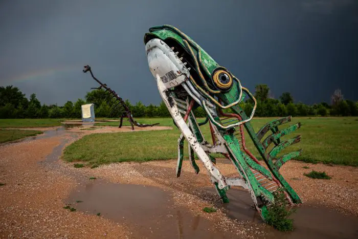 The Spawning Salmon sculpture at Carhenge Roadside Attraction in Alliance, Nebraska - Giant Fish Sculpture at Carhenge