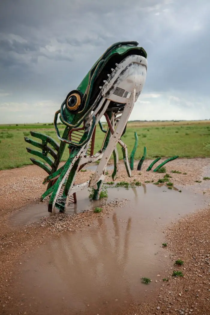 The Spawning Salmon sculpture at Carhenge Roadside Attraction in Alliance, Nebraska - Giant Fish Sculpture at Carhenge