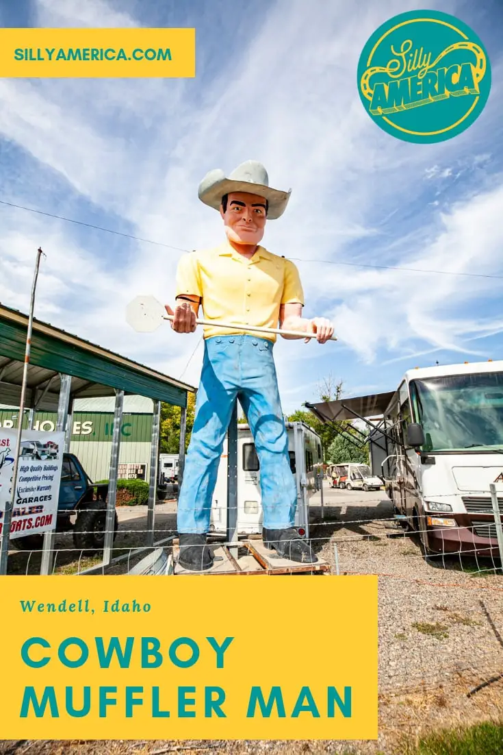 At the Intermountain Motor Homes & RV Camp in Wendell, Idaho, you can find Phillips 66 cowboy muffler man roadside attraction out front. Grab your map and visit this Idaho roadside attraction on your next Idaho road trip. Explore beautiful places and travel destinations on your way!
#IdahoRoadsideAttractions #IdahoRoadsideAttraction #RoadsideAttractions #RoadsideAttraction #RoadTrip #IdahoRoadTrip #IdahoRoadTripMap #IdahoRoadTripBucketLists #IdahoBucketList #ThingsToDoInIdaho ps