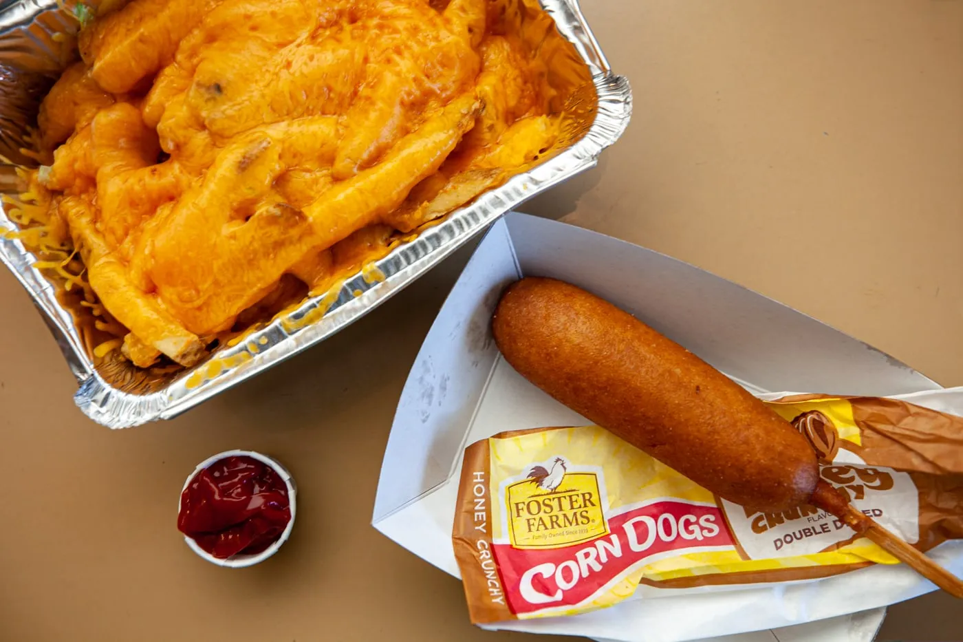 Corn dog and cheese fries at Little America Travel Center in Little America, Wyoming.