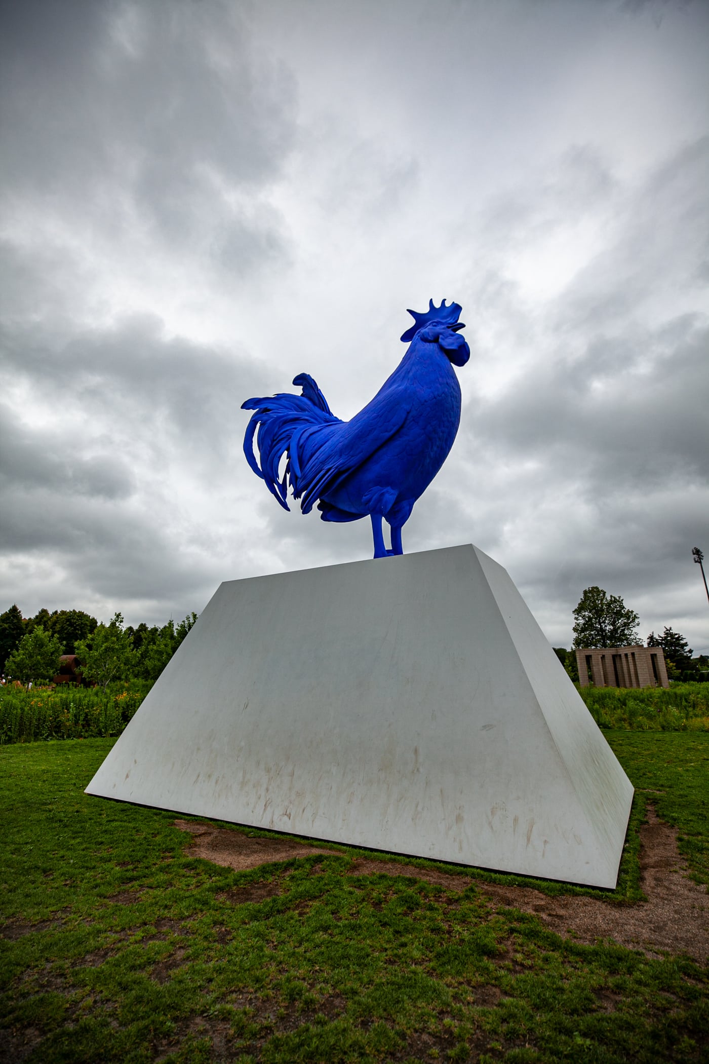 Katharina Fristc's Hahn/Cock - a big blue rooster -  at Minneapolis Sculpture Garden in Minnesota - Minneapolis roadside attractions in Minnesota