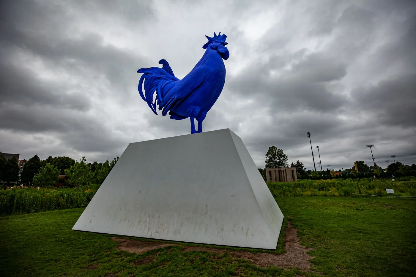 Katharina Fristc's Hahn/Cock - a big blue rooster -  at Minneapolis Sculpture Garden in Minnesota - Minneapolis roadside attractions in Minnesota