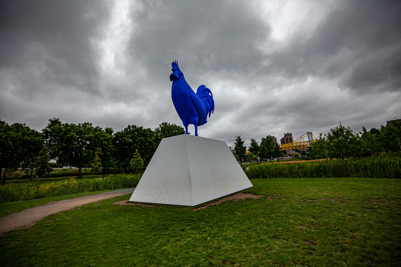 Katharina Fristc's Hahn/Cock - a big blue rooster -  at Minneapolis Sculpture Garden in Minnesota - Minneapolis roadside attractions in Minnesota