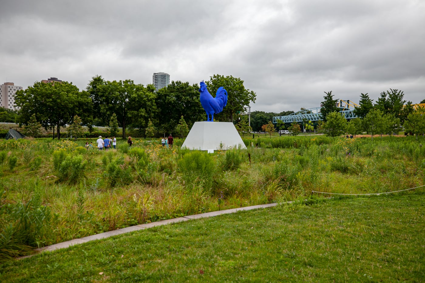 Katharina Fristc's Hahn/Cock - a big blue rooster -  at Minneapolis Sculpture Garden in Minnesota - Minneapolis roadside attractions in Minnesota