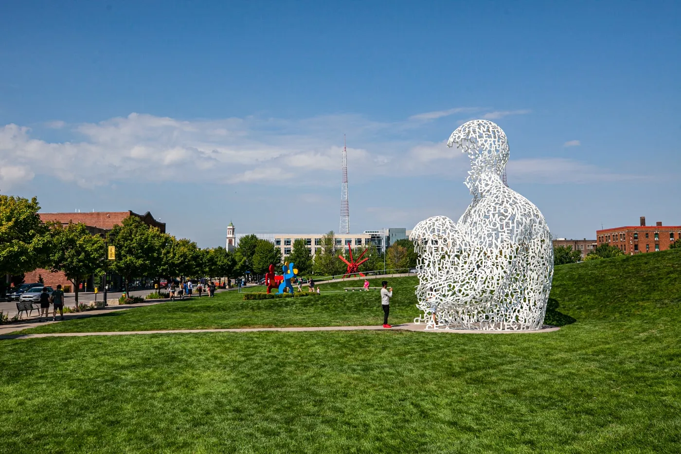 Nomade by artist Jaume Plensa | Figure made from white letters | Pappajohn Sculpture Park in Des Moines, Iowa