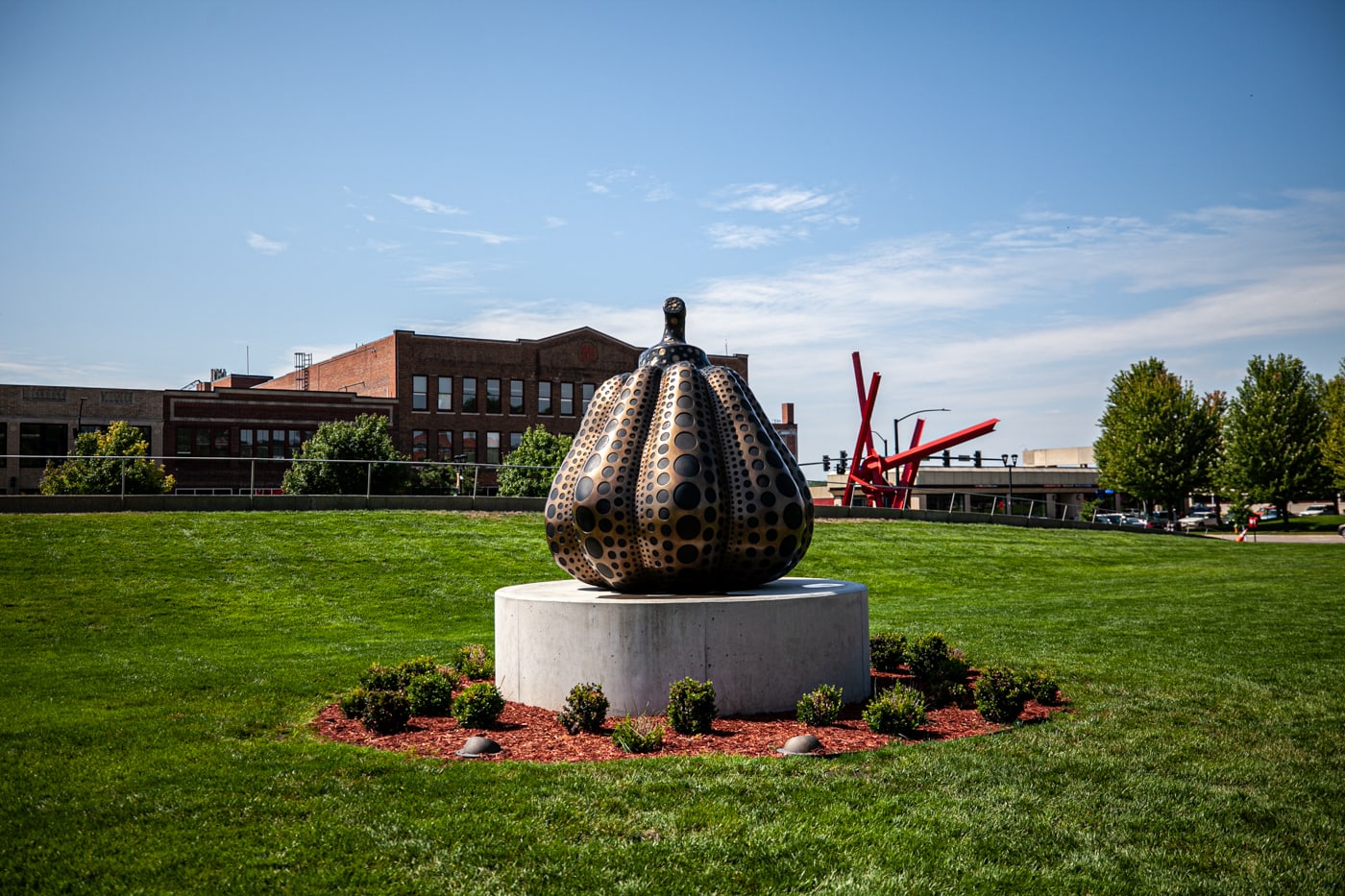 Pumpkin sculpture by Yayoi Kusama | Pappajohn Sculpture Park in Des Moines, Iowa