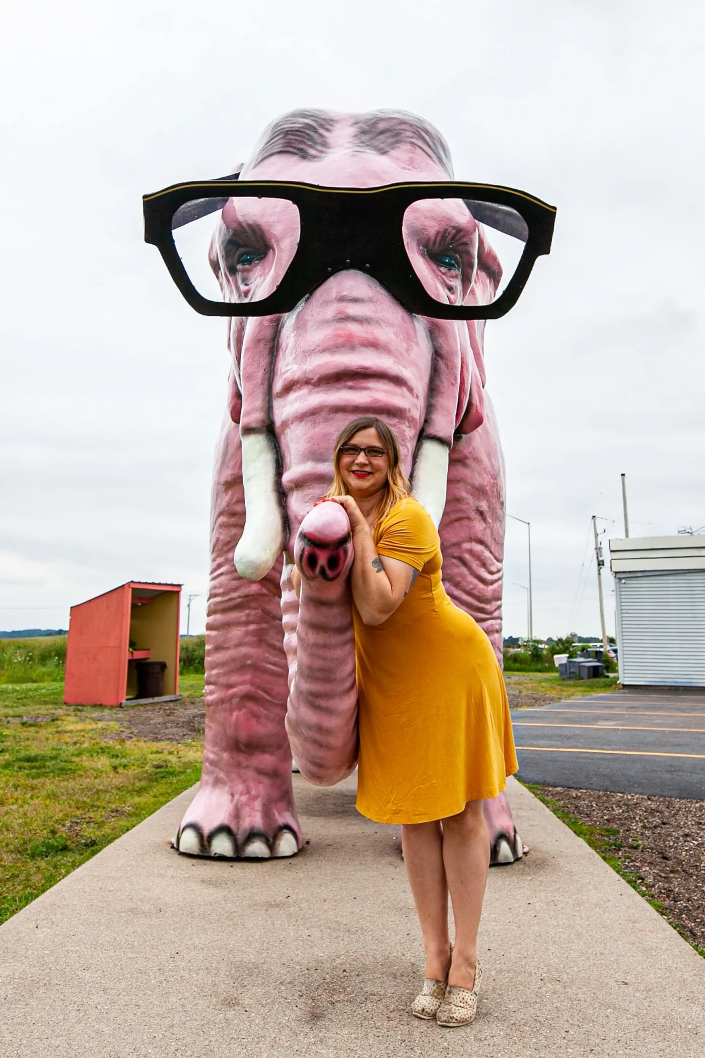 Pinkie the Pink Elephant in DeForest, Wisconsin. Giant Pink Elephant with Glasses roadside attraction in Wisconsin.