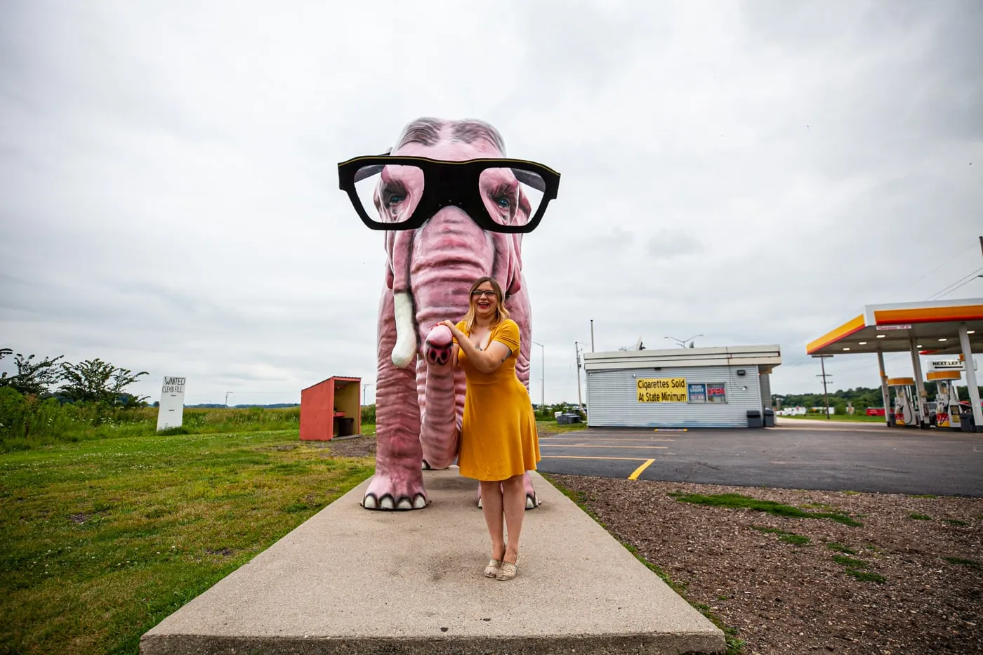Pinkie the Pink Elephant in DeForest, Wisconsin. Giant Pink Elephant with Glasses roadside attraction in Wisconsin.
