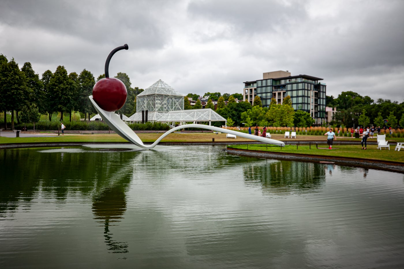 Spoonbridge and Cherry sculpture in Minneapolis, Minnesota | Giant Spoon and Cherry Roadside Attraction at Minneapolis Sculpture Garden in Minnesota