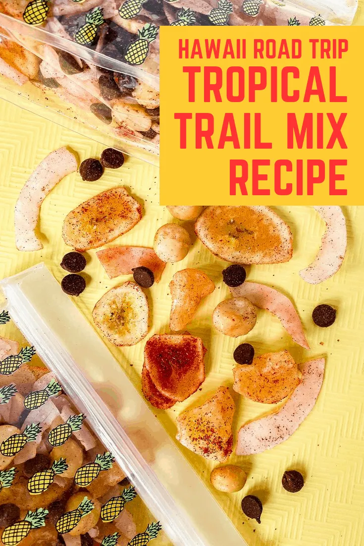 Tropical Trail Mix Recipe for a Hawaii Road Trip - Hawaiian snack mix made from dried, pineapple, banana chips, coconut chips, macadamia nuts, cacao and Li Hing Mui Powder.