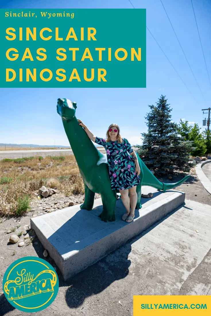 Sinclair Gas Station Dinosaur in Sinclair, Wyoming home of the Sinclair Refinery. The fiberglass apatosaurus is a must-see Wyoming roadside attraction to stop at on your Wyoming road trip or vacation. Check out these travel pictures then add this to your list of things to do in Wyoming and bucket lists!
#WyomingRoadsideAttractions #RoadsideAttractions #RoadsideAttraction #RoadTrip #WyomingRoadTrip #WyomingRoadTripMap #WyomingRoadTripMap #WyomingRoadTripWithKids #WyomingTravelRoadTrips